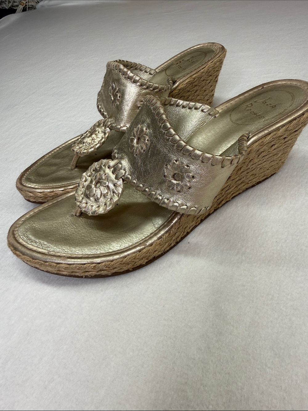 Jack Rogers Metallic Gold Wedge Sandals with Crochet Detail